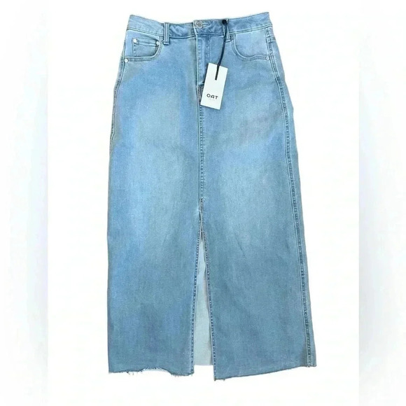 OAK New York Front Slit Denim Midi Skirt Size 4/27 NWT Raw Hem High Waist - Picture 10 of 10